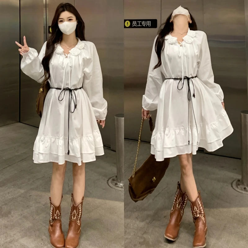 大码女装【山茶花】白月光温柔风气质长袖连衣裙收腰显瘦连衣裙