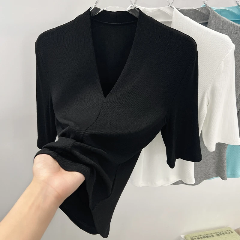 莫代尔五分袖T恤女短款v领打底衫高级感弧形下摆夏季针织内搭上衣