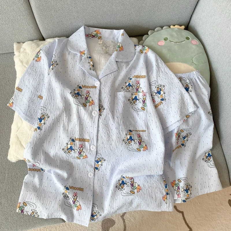 蓝色波点鸭云朵棉睡衣春夏秋季女款爆款2025新款家居服套装短袖裤