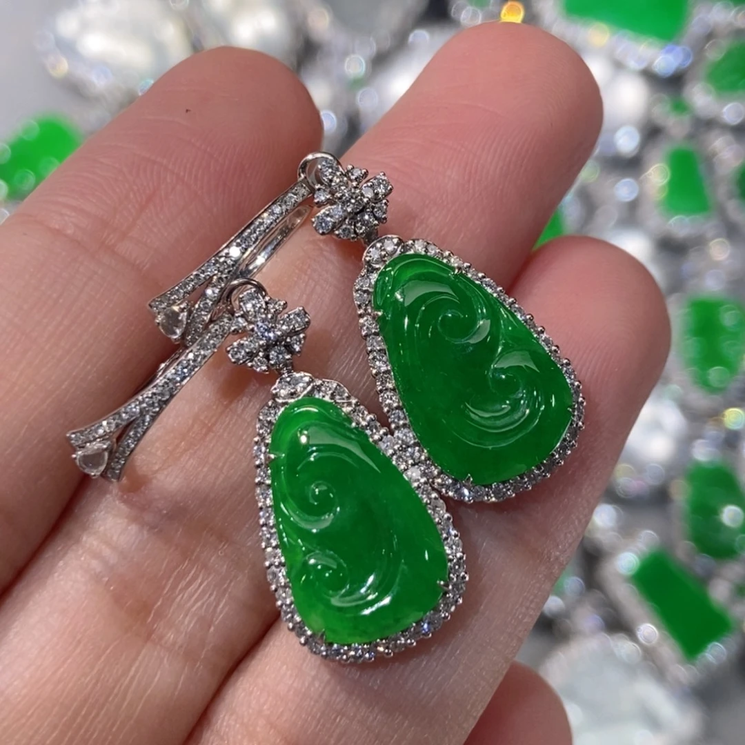 翡翠18K金镶嵌耳饰吊坠耳包两用款