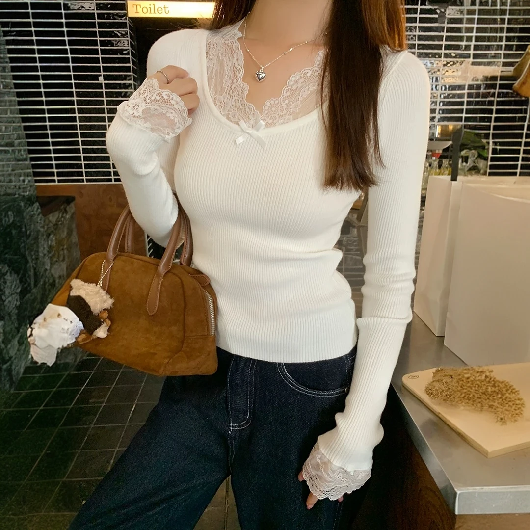 【晨浠定制】新款时尚百搭蕾丝领蝴蝶结针织上衣两色136