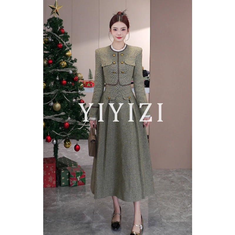 依依子【星河时代】绿色小香风连衣裙女秋冬2024新款重工气质时尚裙