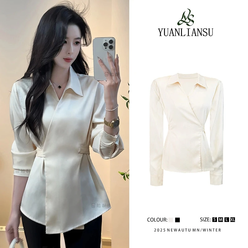 【洛斯心事】法式设计感V领交叉绑带收腰显瘦衬衫