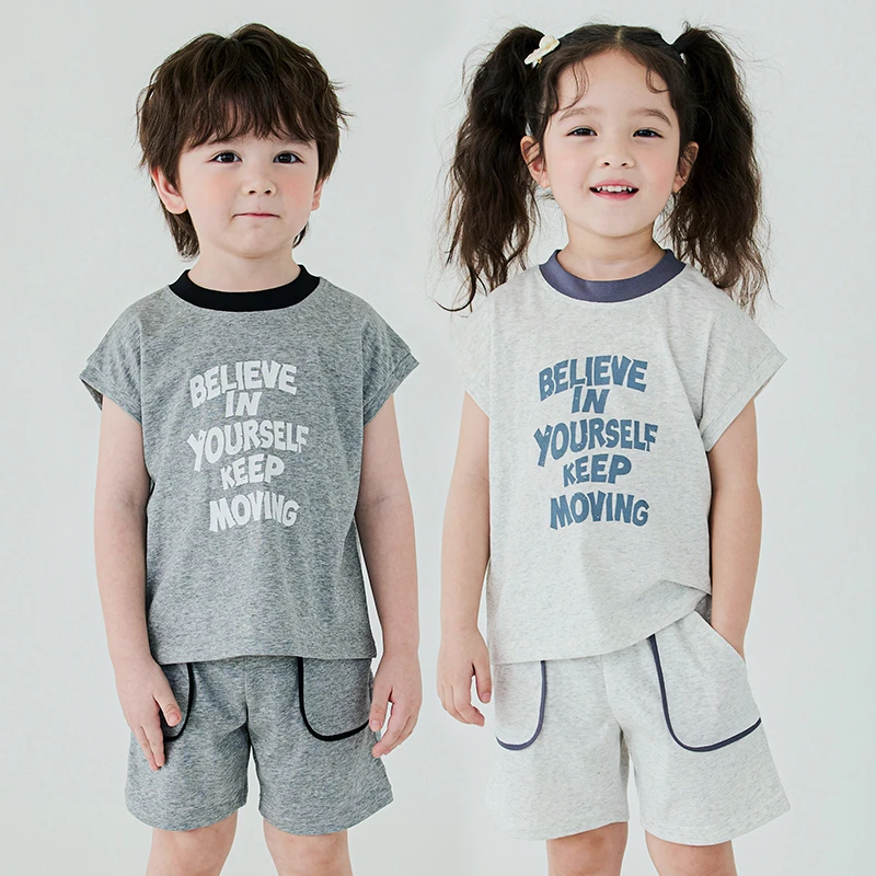 韩版夏季新品男女宝宝短袖运动套装婴幼儿童装洋气字母家居服