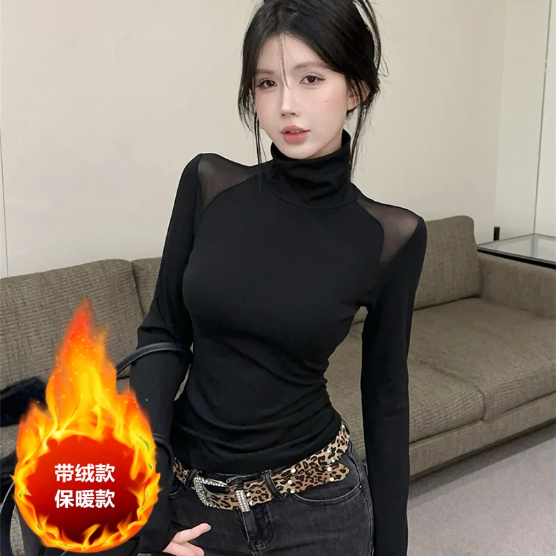 半高领网纱拼接纯欲风打底衫女2025新款长袖T恤修身设计感上衣