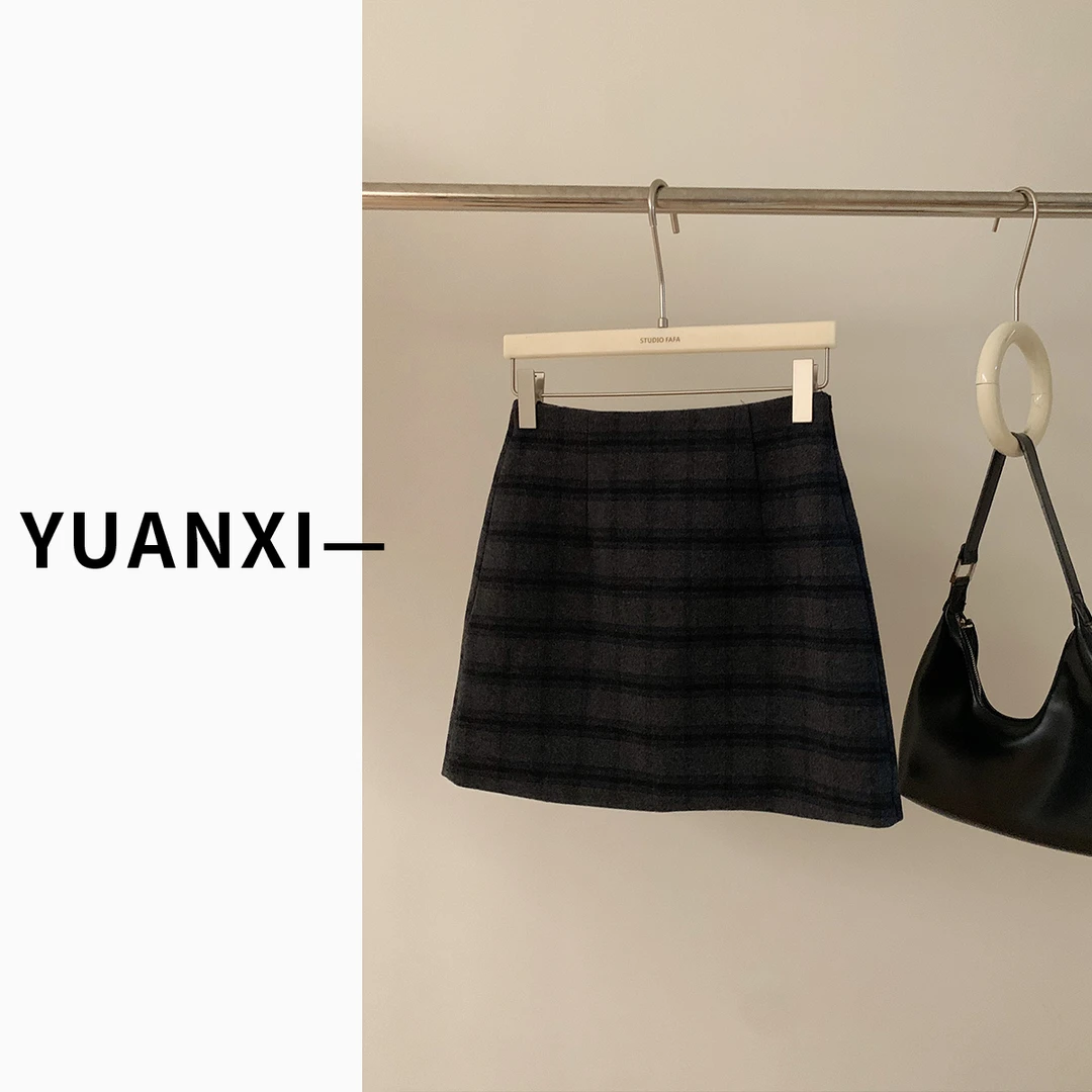 【FAFAJIA】B055 韩系高腰格纹A字毛呢半身短裙女秋冬新款