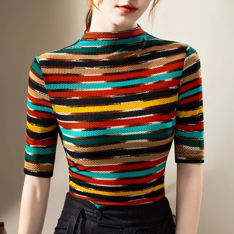 14领打底衫女2024年新款女装撞色条纹中袖t恤弹力收腰网纱上衣