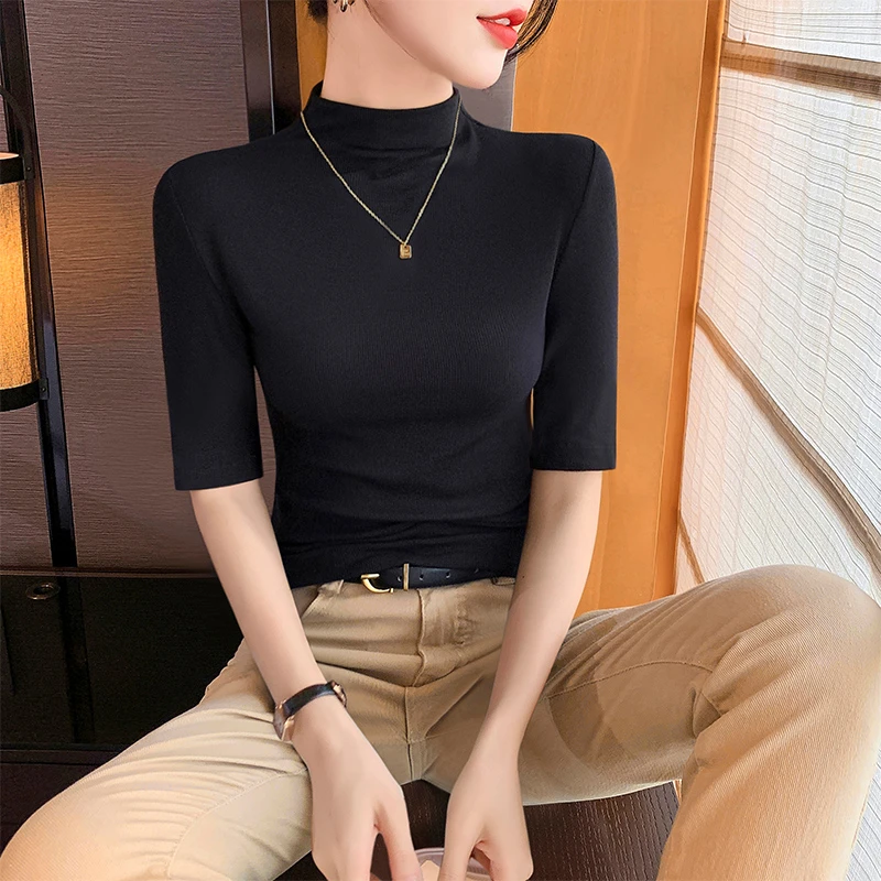 半高领中袖t恤女半袖内搭夏2025新款短袖黑色修身五分袖打底上衣