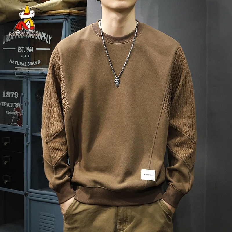 Mexican/稻草人美式潮牌重磅针织拼接卫衣男秋冬宽松套头圆领上衣