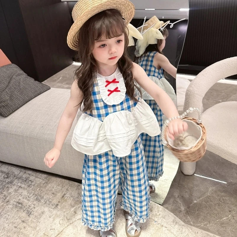女女童夏季夏装新款2025套装儿童无袖背心格子洋气两件套宝宝