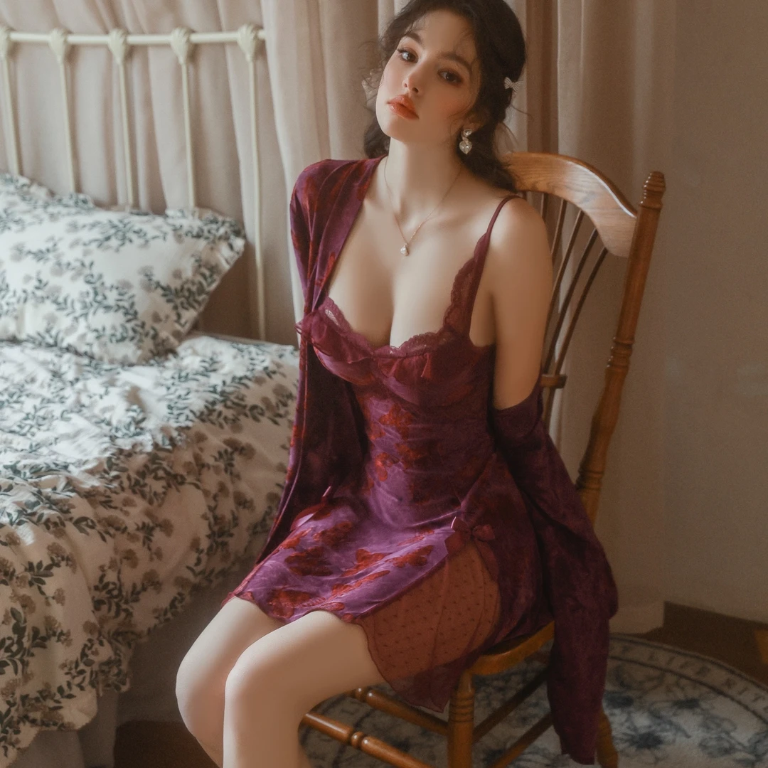 【紫色韵味】性感蕾丝睡裙紫色立体蝴蝶带胸垫美背修身显瘦家居服