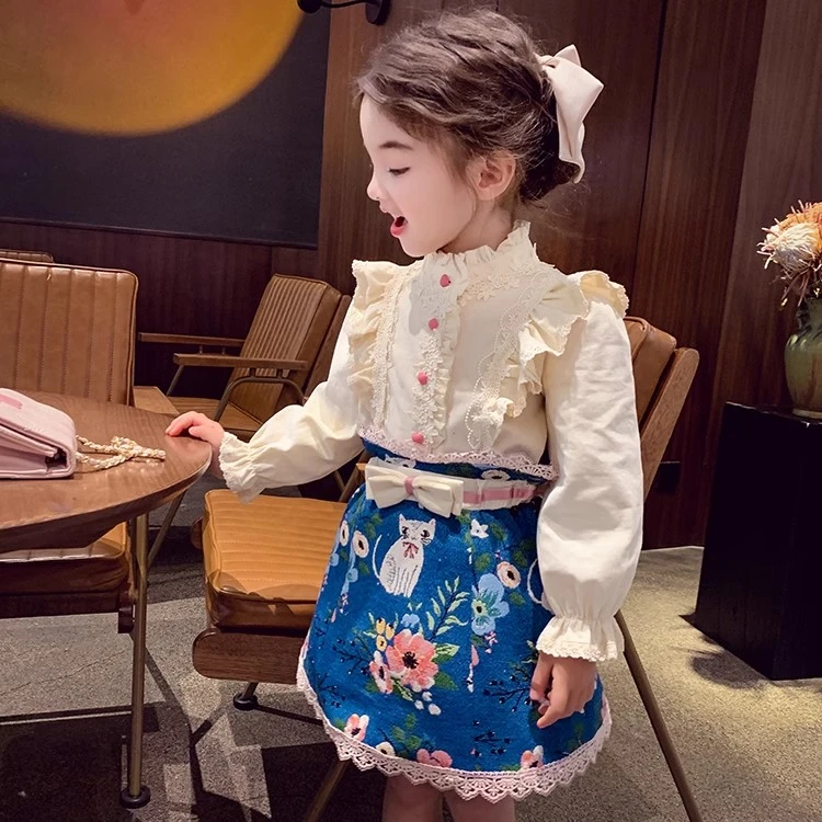 【现货】米米哈罗女童洋气荷叶边纯色长袖衬衫半裙套装C25051 057