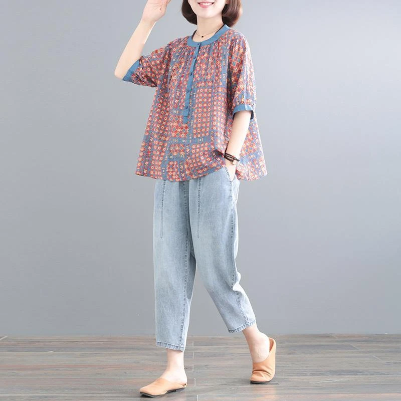 HL#【单/套装】韩版宽松遮肉印花棉麻新款上衣牛仔裤两件套装DY2658