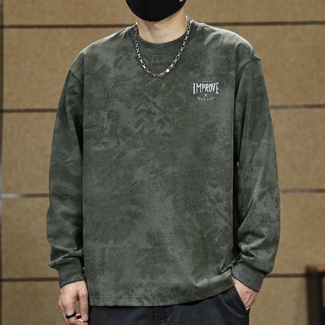 长袖t恤男士秋季2025新款卫衣圆领重磅扎染上衣T恤复古春秋打底衫