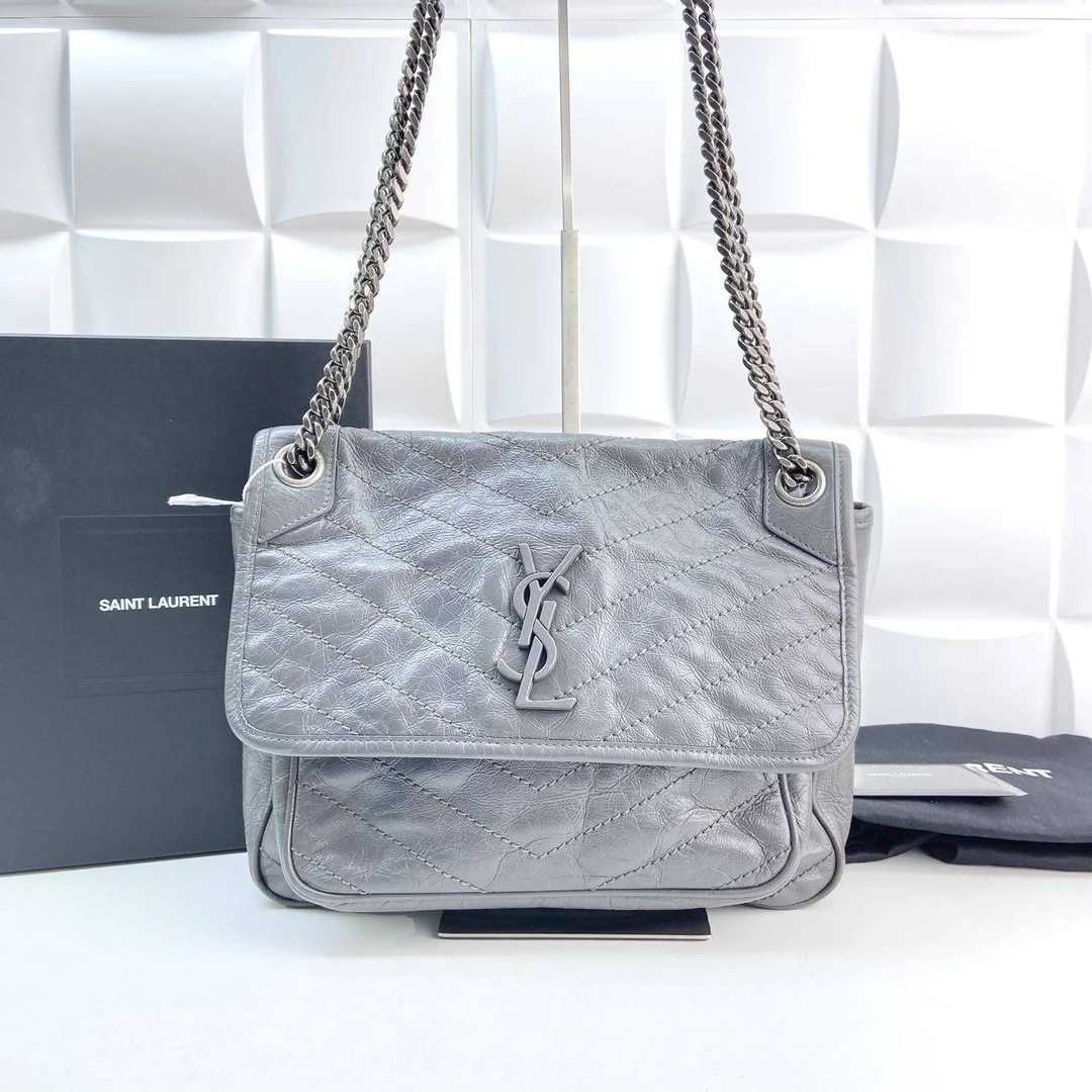 99新 YSL/圣罗兰 玺越奢品 圣罗兰niki灰色中号单肩包THCI3659