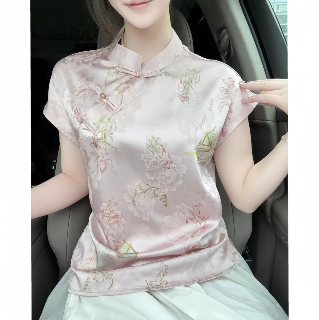 【花想容】优雅短袖小衫丝滑老料舒适女装百搭透气精致提花国风