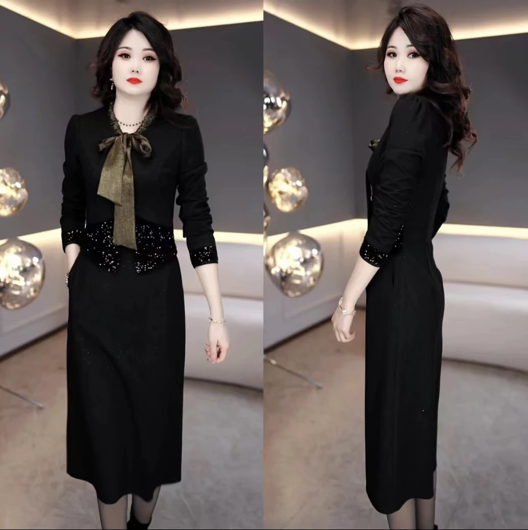 2025年春季时尚洋气收腰遮肚显瘦加厚中长款假两件连衣裙