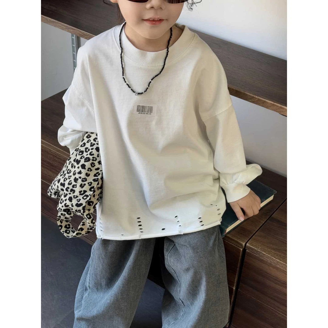 男童长袖T恤春秋款2025新款儿童白色打底衫帅气男孩春季百棉破洞T