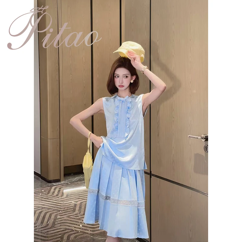 杜屁屁桃PITAO原创【昭和甜心】夏季新款女无袖格子宽松上衣半裙