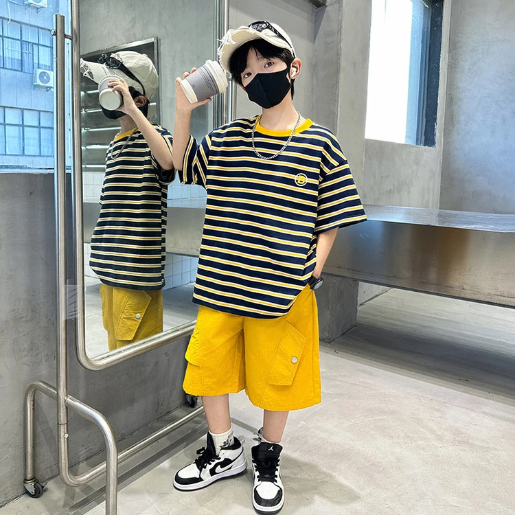 男童条纹套装2025新款夏装洋气儿童夏季纯棉短袖网红男孩帅气衣服