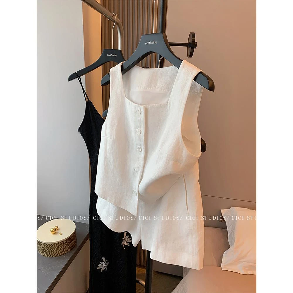 特大码300斤法式亚麻背心短裤套装男士夏季时尚通勤休闲风两件套