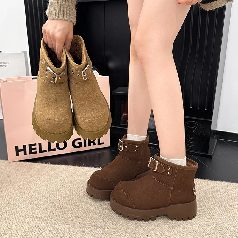 复古磨砂大头雪地靴女2025新款冬季厚底粗跟增高加绒加厚保暖棉鞋