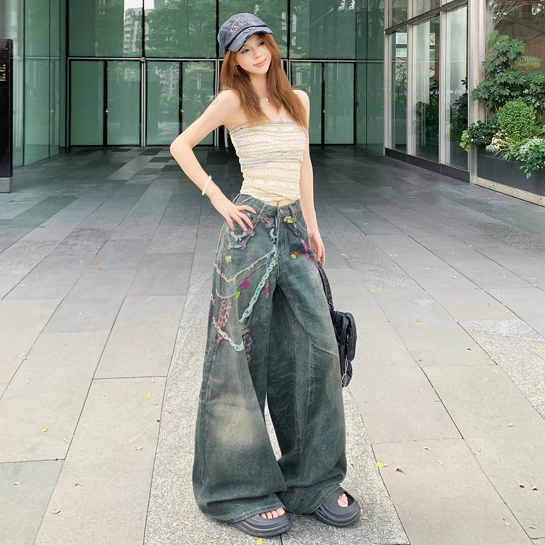 玛莉&美式复古｜3打印链条设计｜宽松阔腿牛仔裤女棉长裤
