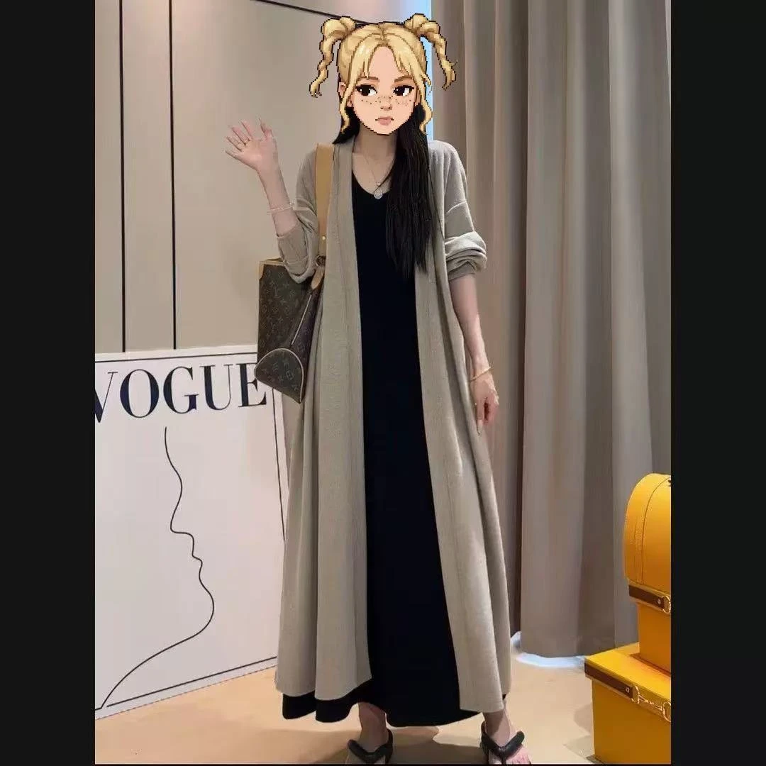 5990气质宽松开衫薄款简约早秋两件套外套长袖长裙长款套装女NJ