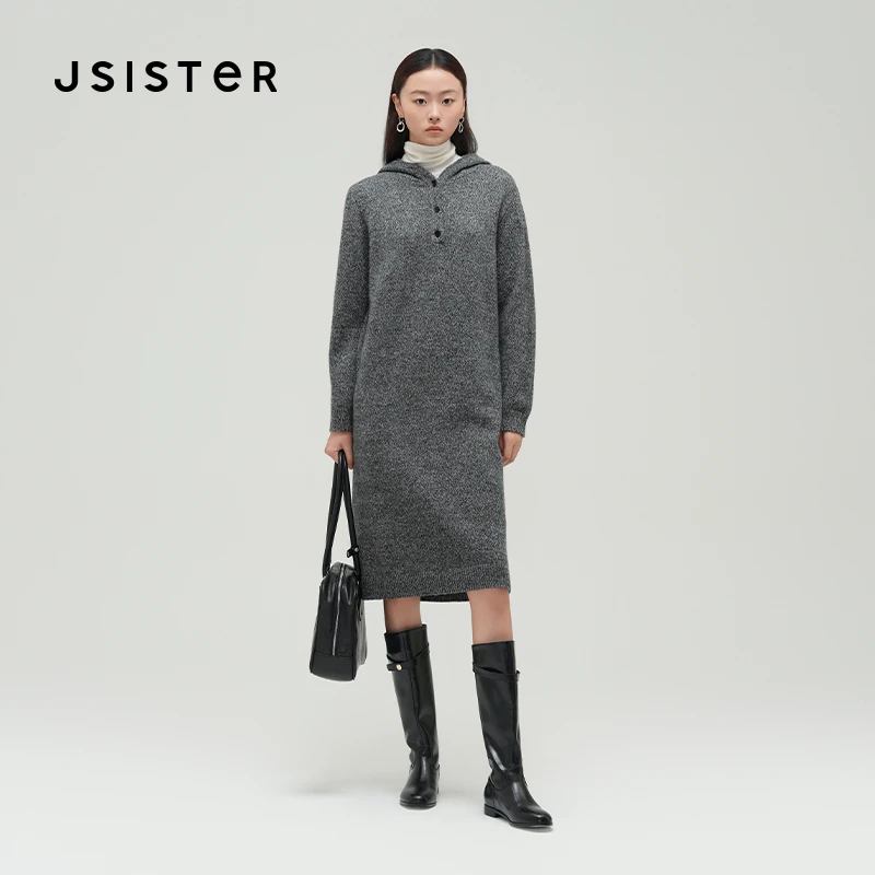 jsister2025冬装新款 JS女装羊毛灰色连帽连衣裙