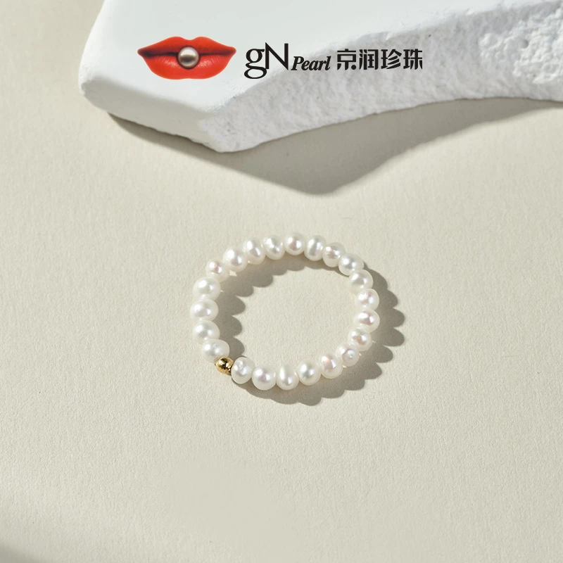 【官方】京润珍珠 馨念 18k金淡水珍珠戒指2-3mm近圆形白色