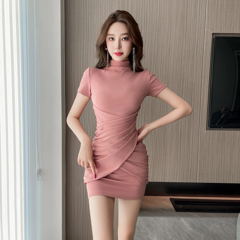 半高领连衣裙短袖遮肚褶皱设计感掐腰裙性感气质收腰显瘦包臀裙子