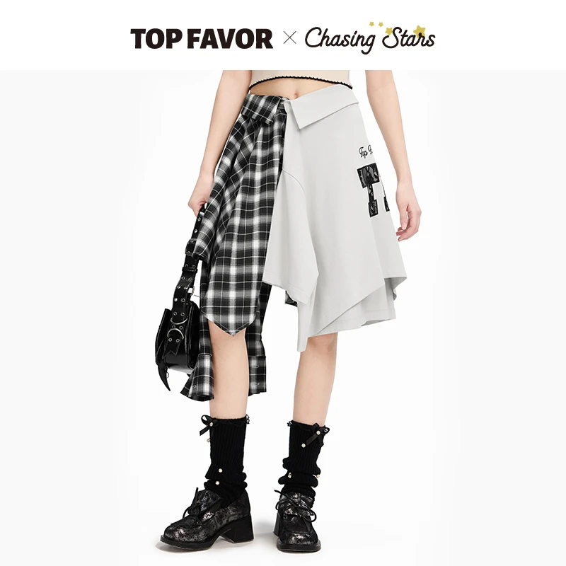 TOP FAVOR【错位恋人】2025夏季新款街头衬衫半身裙拼接衬衫裙女