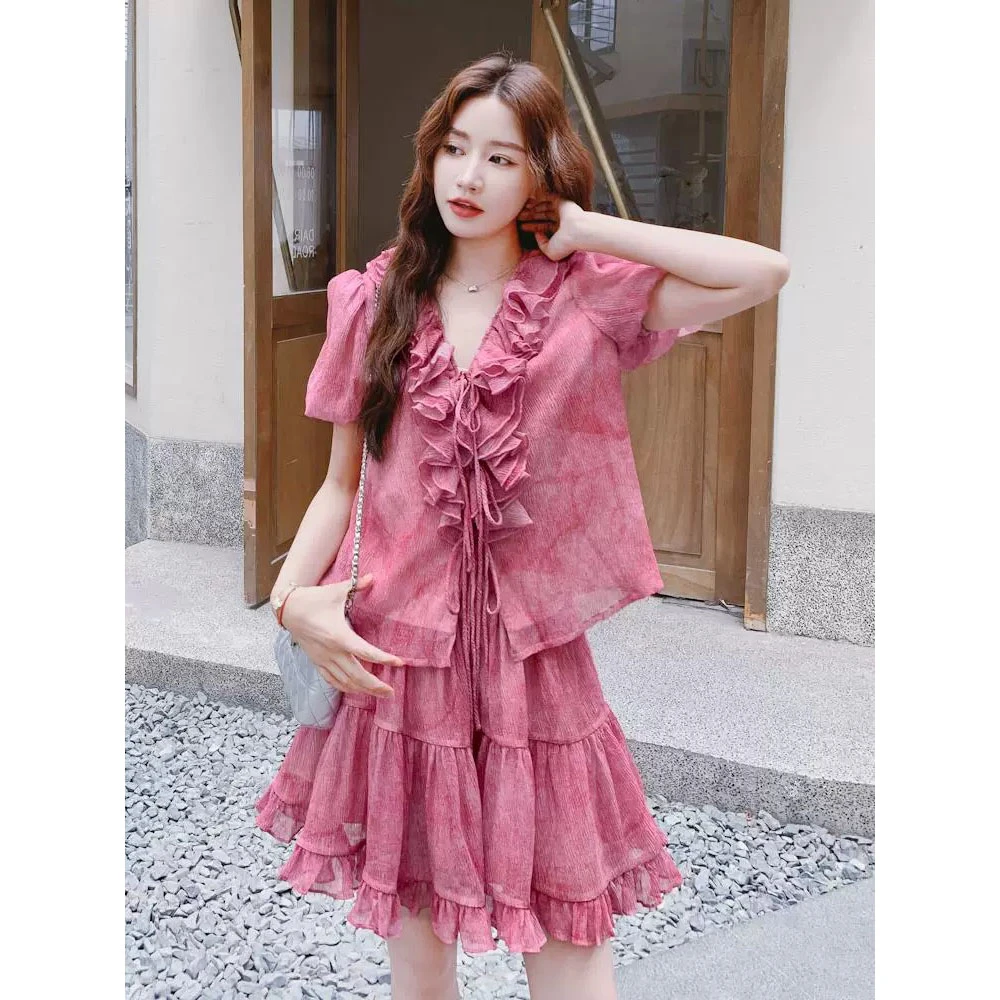 【洛神玫瑰】法式简约气质木耳边肌理氛围感晕染扎染衬衫套装连衣裙