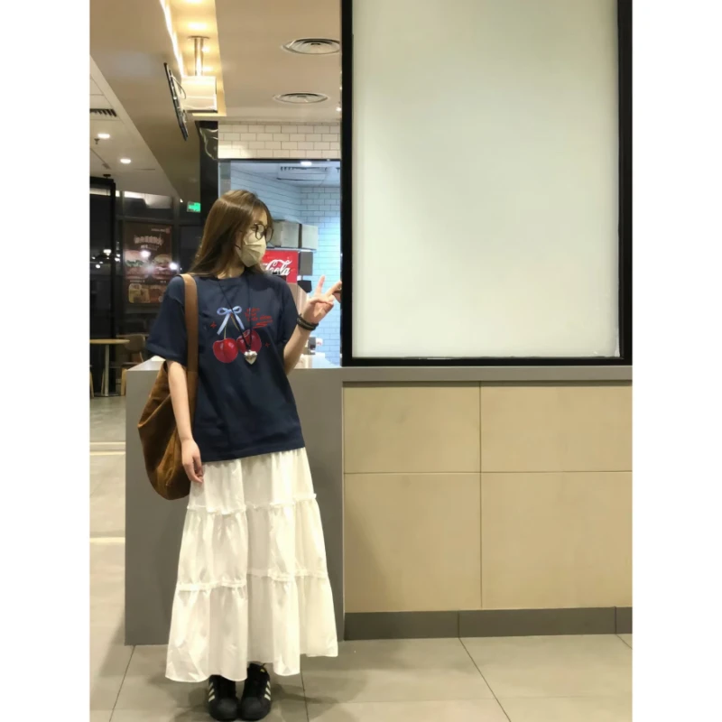 樱桃印花夏季新款小个子纯棉灰色短袖T恤落肩宽松百搭上衣女ins