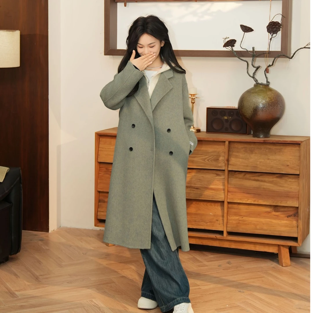 法式慵懒风双排扣翻领宽松廓形羊毛大衣加马甲长短款组合