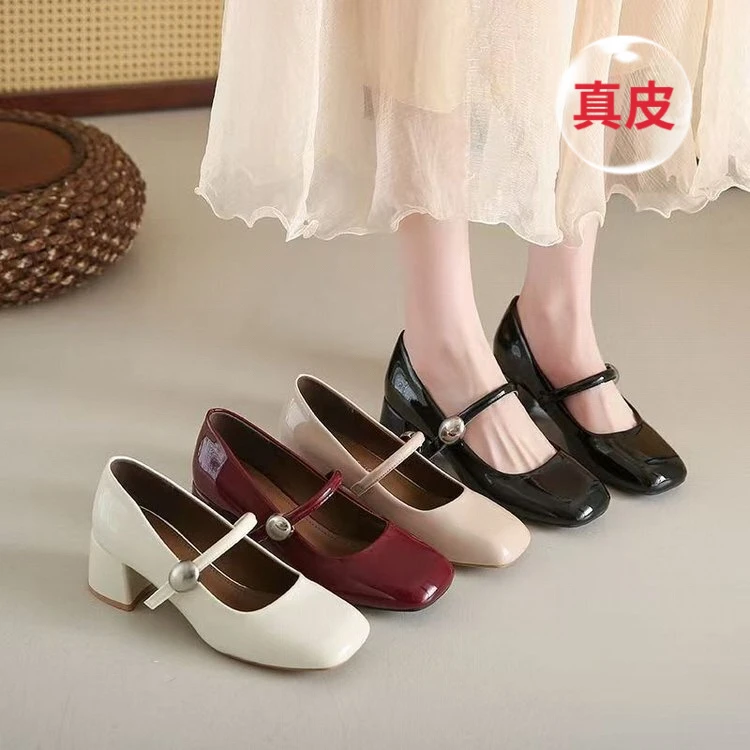 【万达撤柜】低跟圆头平底拼接透气方头单鞋温柔皮鞋中跟高跟法式