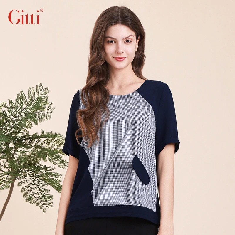 Gitti/吉蒂宽松大码格子T恤女圆领拼接短袖上衣G241581