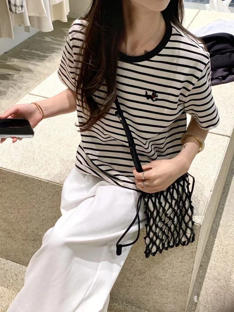 WATER-“100棉”休闲百搭圆领条纹刺绣小狗上衣T恤#8811