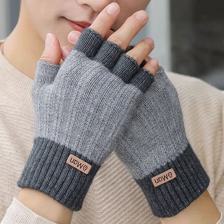 半指手套男露指冬季骑行加厚毛线漏指头学生写字潮流保暖手套Y
