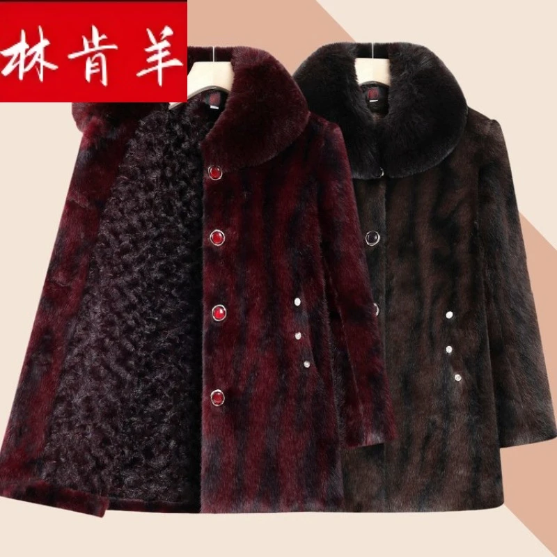 林肯羊老年人冬季女仿仿仿貂绒大衣老人衣服妈妈加厚上衣奶奶冬