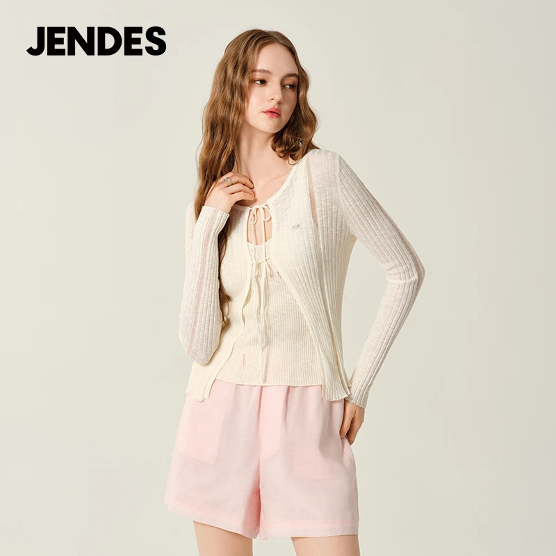 JENDES针织开衫夏薄款女外搭V领镂空防晒衫外套短款上衣