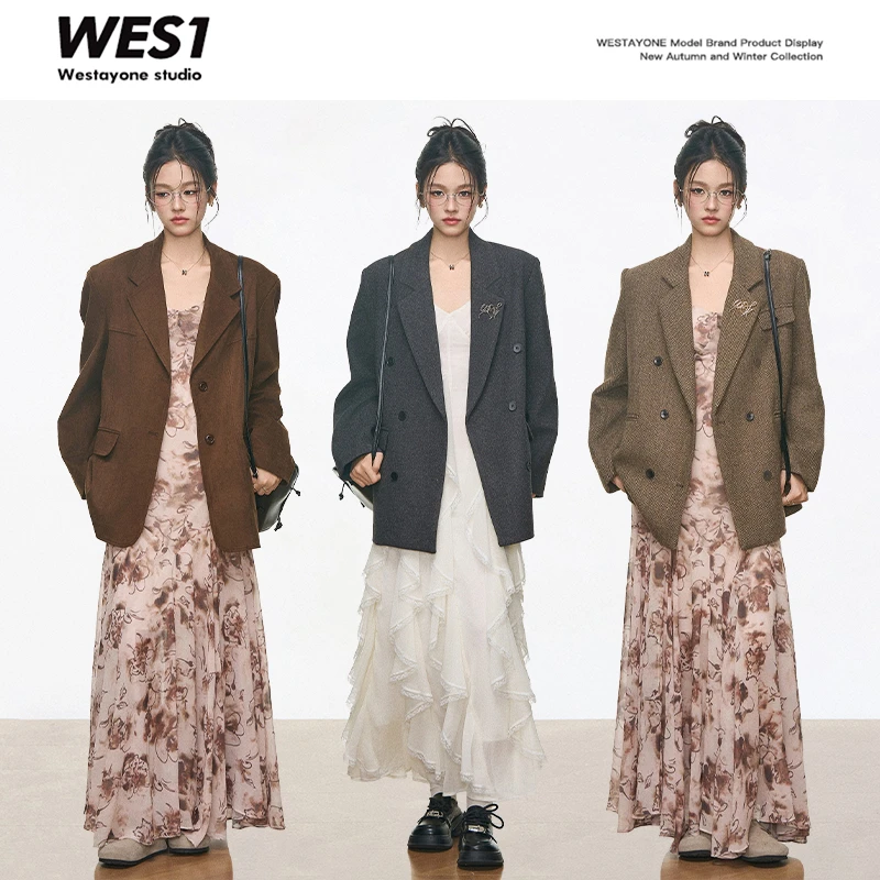 9.6新品 WESTAYONE 高级感毛呢西装外套女+设计感长裙白色连衣裙