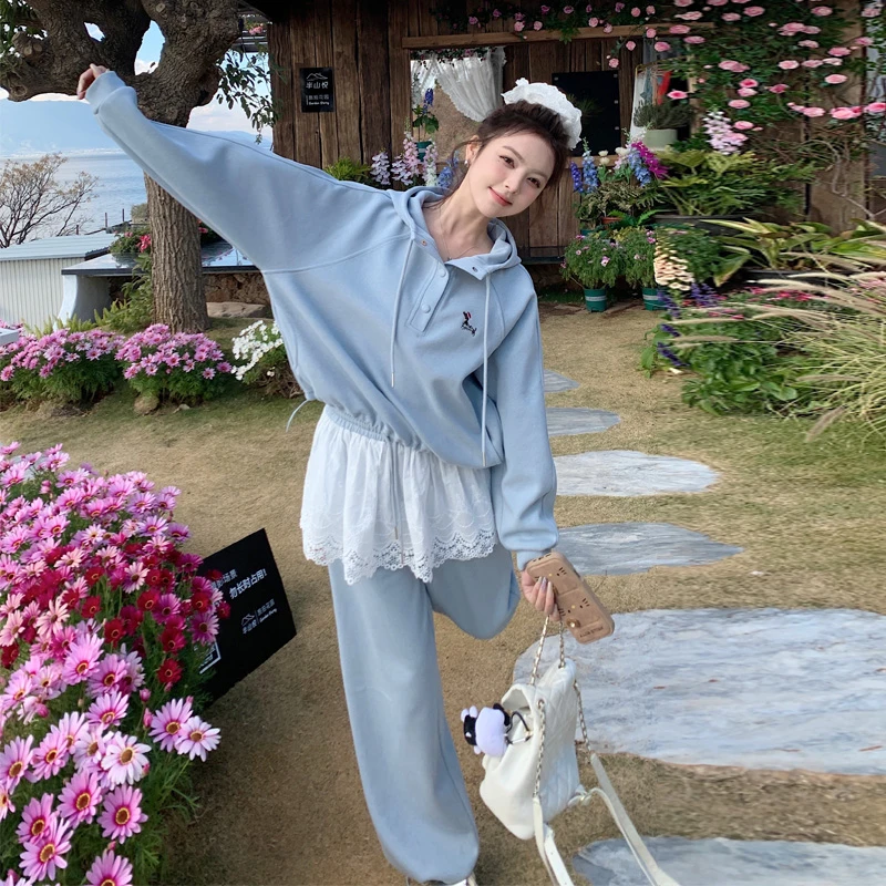 纯欲系蕾丝拼接卫衣套装裤女2025春秋新款韩系慵懒风休闲裤两件套