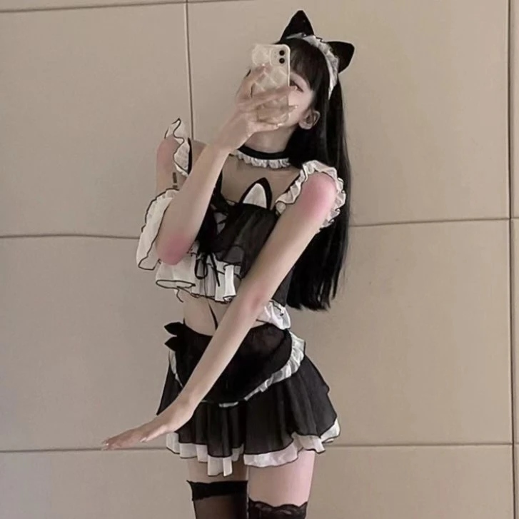 蕾丝日系甜美可爱风洛丽塔小猫咪吊带睡衣纯欲软妹短裙制服jk性感