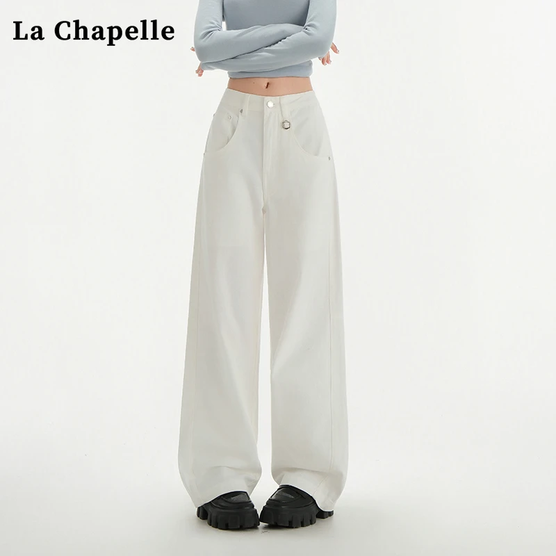 拉夏贝尔白色阔腿牛仔裤女春季新款高腰宽松显瘦小个子拖地直筒裤