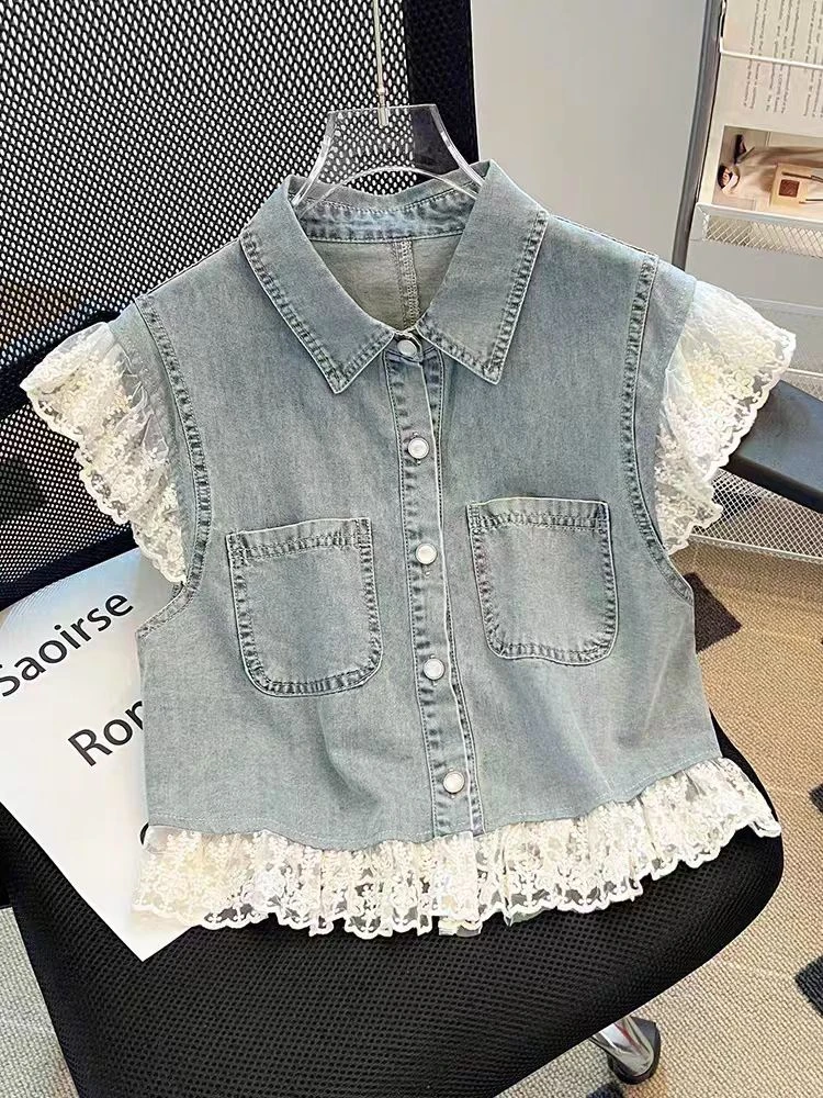 1-8032#polo领蕾丝拼接短袖女2025夏小飞袖牛仔外套设计感上衣