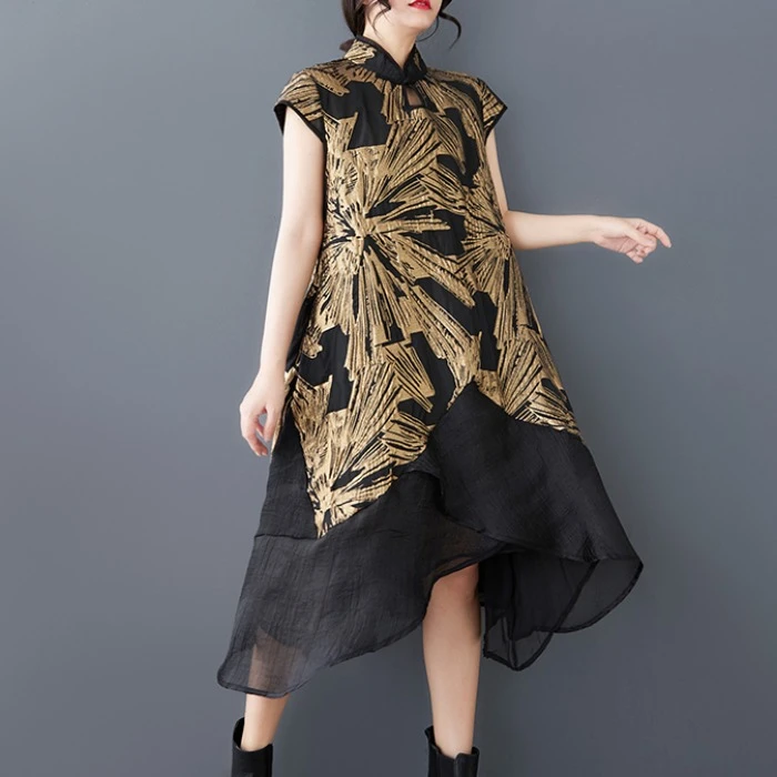 新中式国风时尚立领提花不规则拼接女人味气质改良旗袍休闲连衣裙