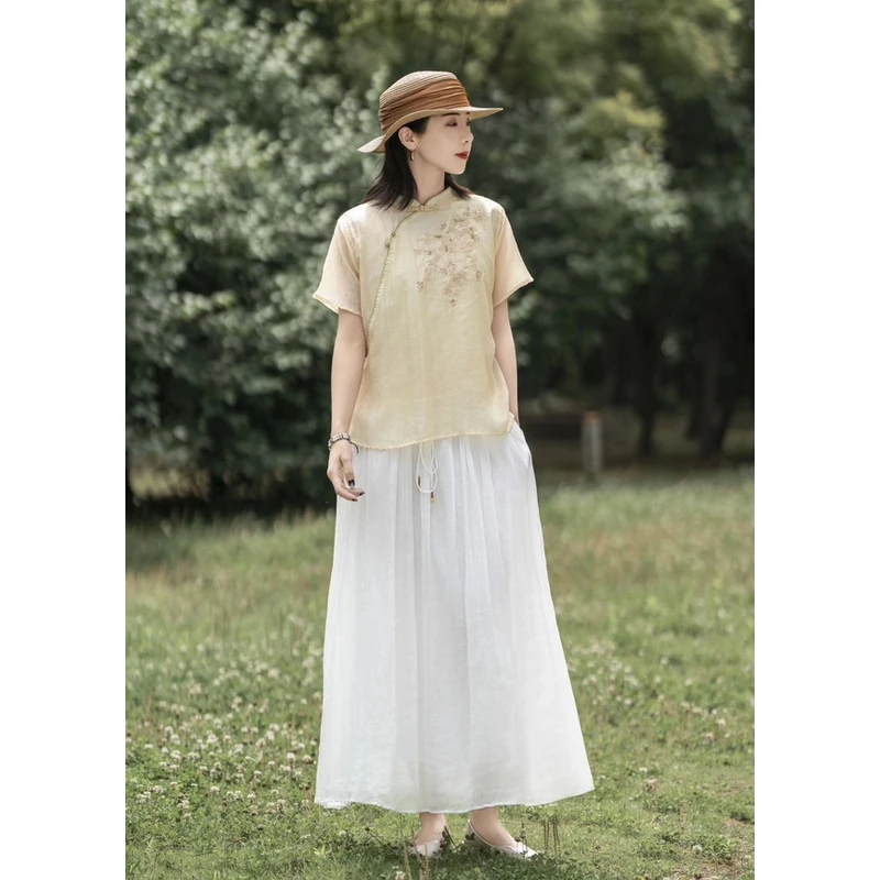 25年春季新款双层丝麻盘扣斜襟重工刺绣小衫女JS 8810