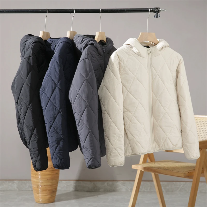 桑蚕丝冬季男女款防风保暖轻薄无束缚感菱形格连帽棉服Z1977-2688