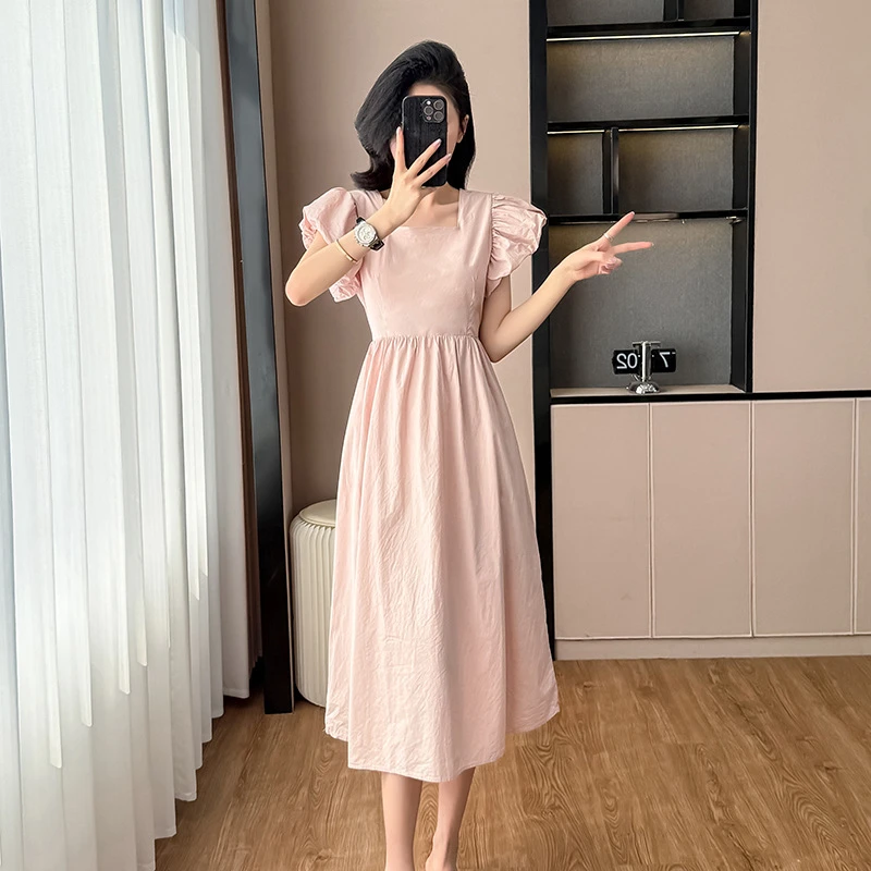 hmgS607方领连衣裙女夏季泡泡袖法式气质宽松显瘦交叉露背长裙